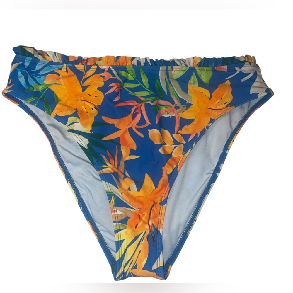 NWOT Blue, orange & Yellow Bikini Bottom Swimsuit bottoms Waist 30” ruffle waist